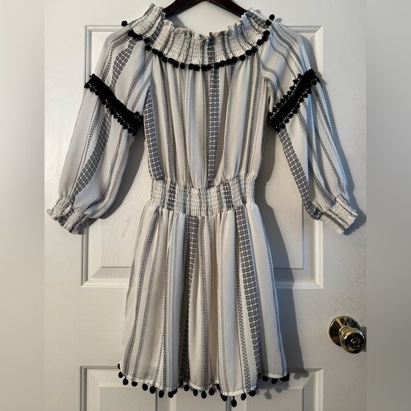 LINE + DOT Revolve SMALL Alexis Black White Pom Pom Gauzy Off Shoulder Mini Sexy - Picture 2 of 11